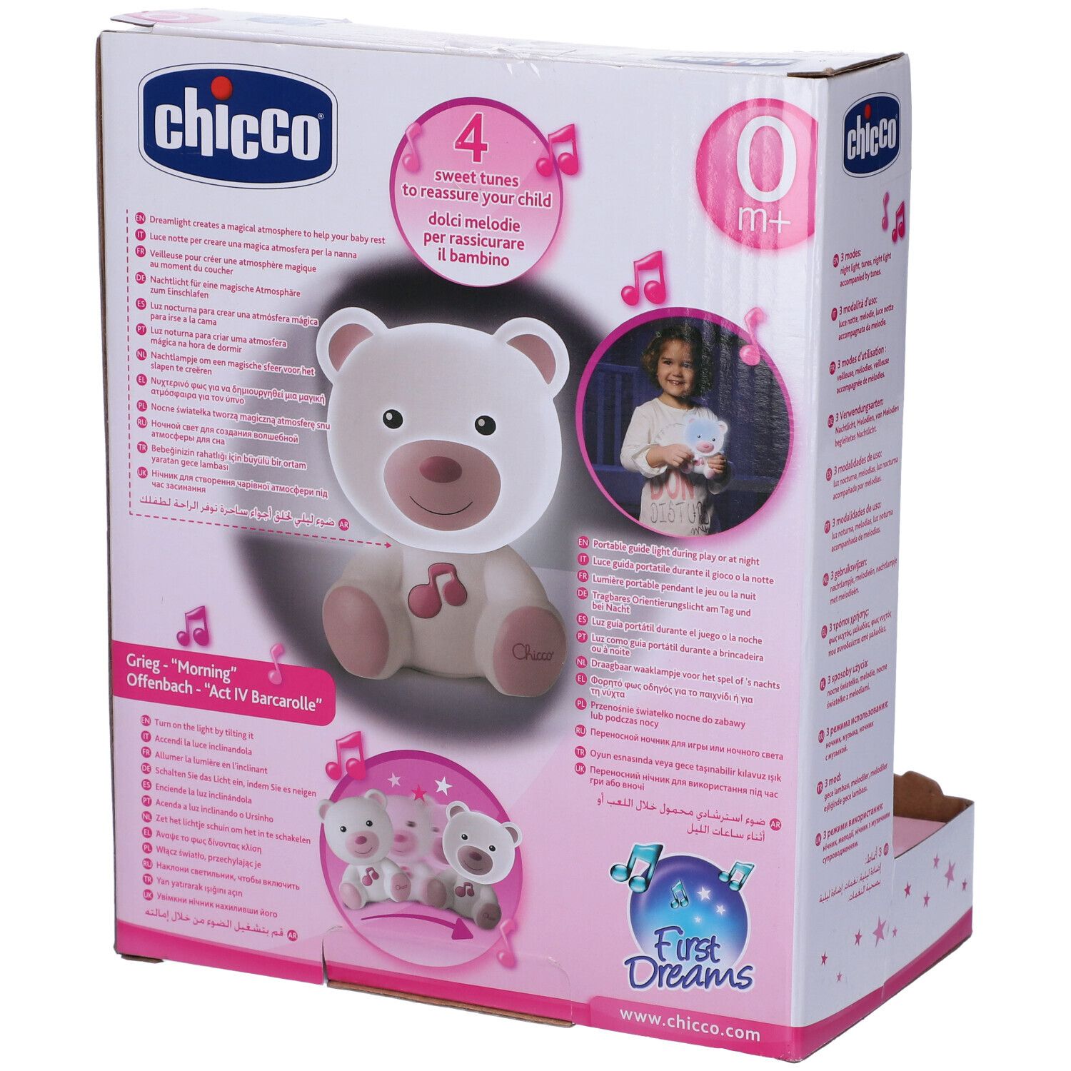 Confezione con orsetto bianco e rosa. Marchio Chicco, nome Dreamlight. Adatto da 0 mesi.
