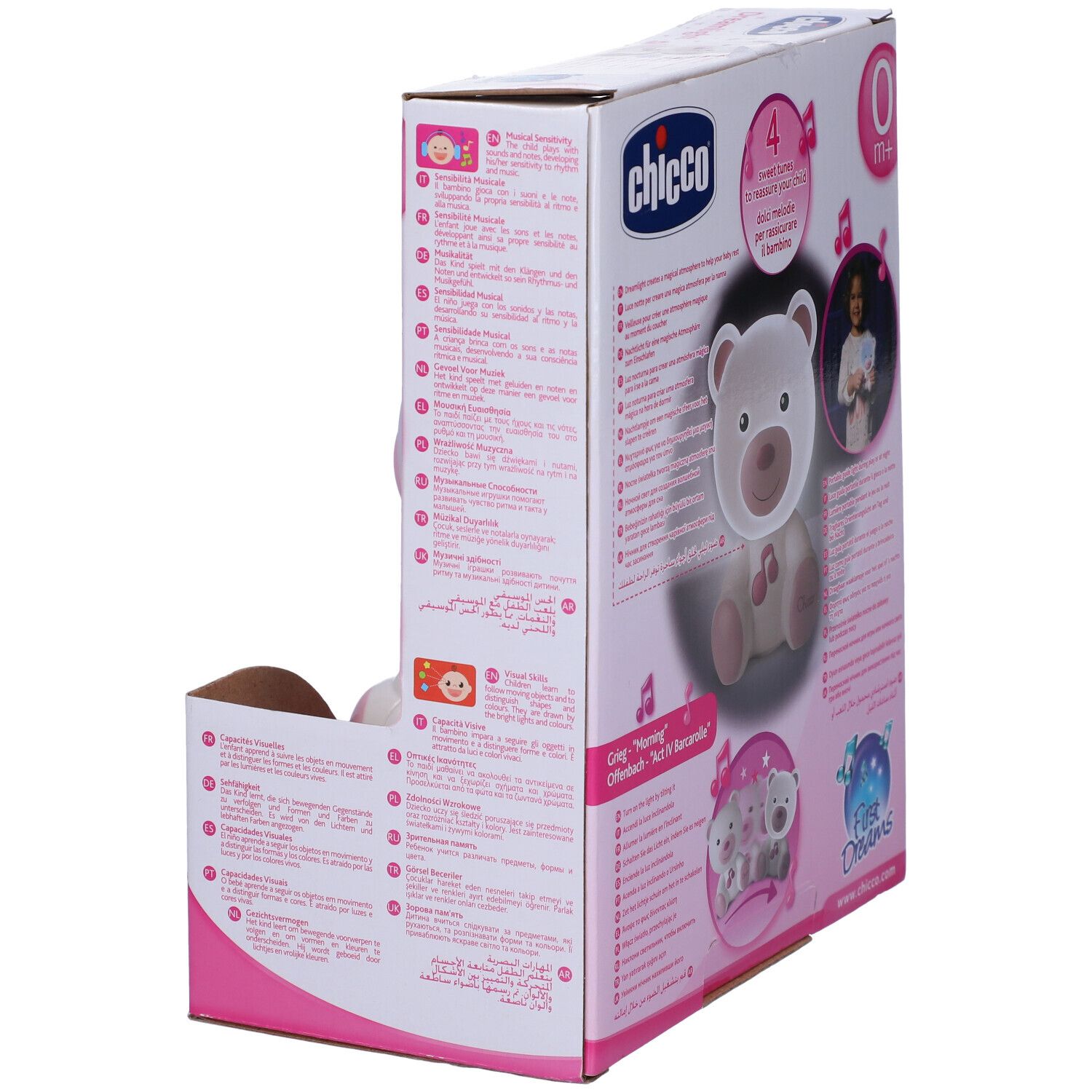 Confezione con orsetto bianco e rosa. Marchio Chicco, nome Dreamlight. Adatto da 0 mesi.