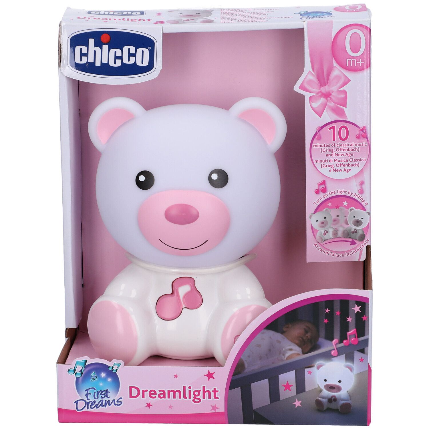 Orsetto bianco e rosa in confezione. Marchio Chicco, nome Dreamlight. Adatto da 0 mesi.