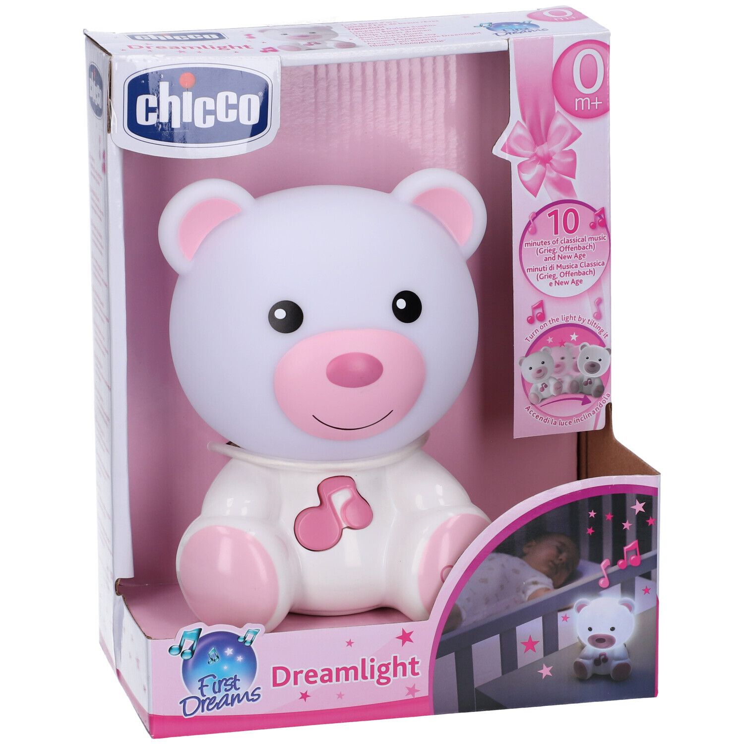 Orsetto bianco e rosa in confezione. Marchio Chicco, nome Dreamlight. Adatto da 0 mesi.