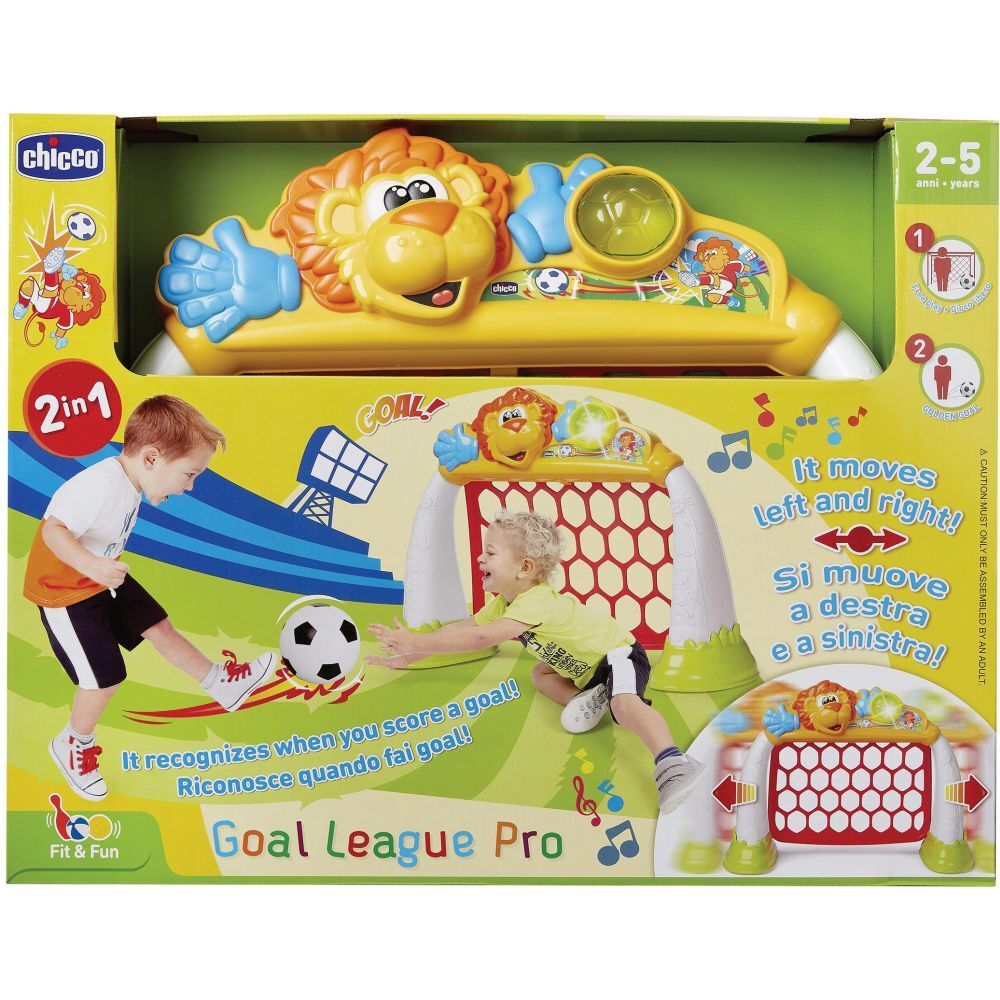 Giocattolo giallo con testa di leone e porta. Scritta: Goal League Pro. Età consigliata: 2-5 anni. Confezione con bambini che giocano.