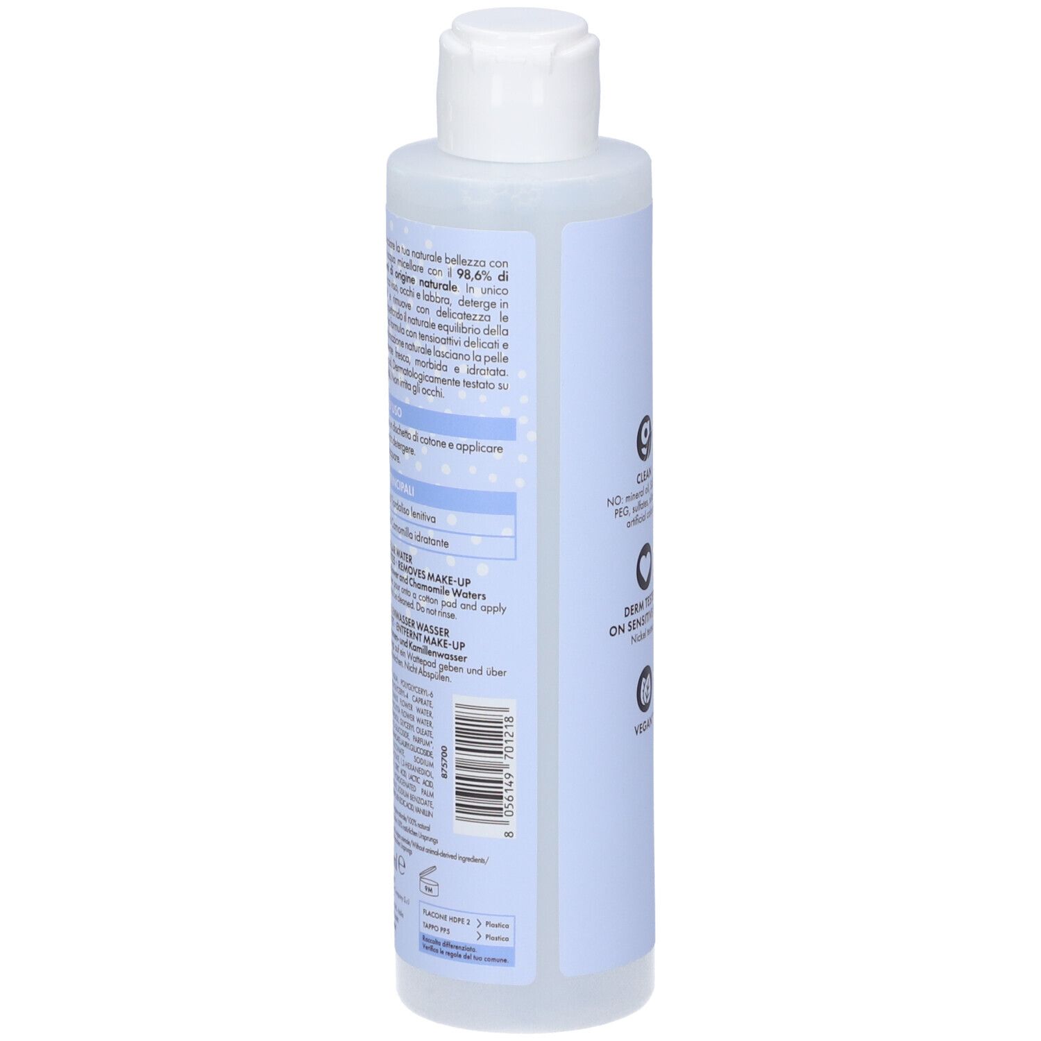 Zylindrische Flasche mit weißem Deckel. Rückseite mit Text, Inhaltsstoffen und Barcode. Produktinformationen.