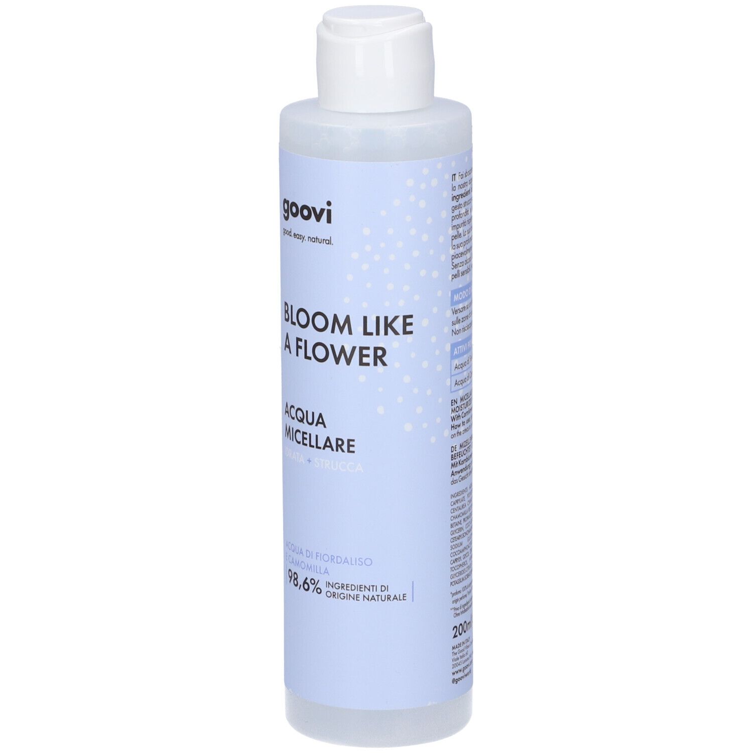 Zylindrische Flasche mit weißem Deckel. Aufschrift: Bloom Like A Flower, Acqua Micellare. Marke: Goovi. 200ml.