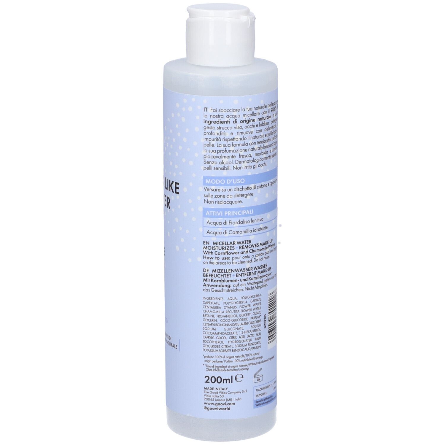 Zylindrische Flasche mit weißem Deckel. Rückseite mit Text, Inhaltsstoffen und Anwendungshinweisen. 200ml.