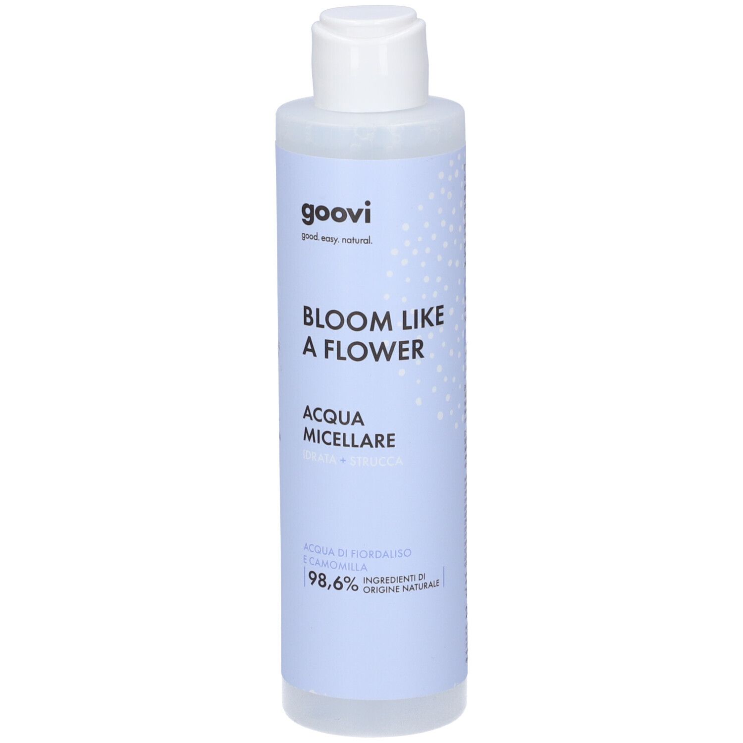 Zylindrische Flasche mit weißem Deckel. Aufschrift: Bloom Like A Flower, Acqua Micellare. Marke: Goovi.