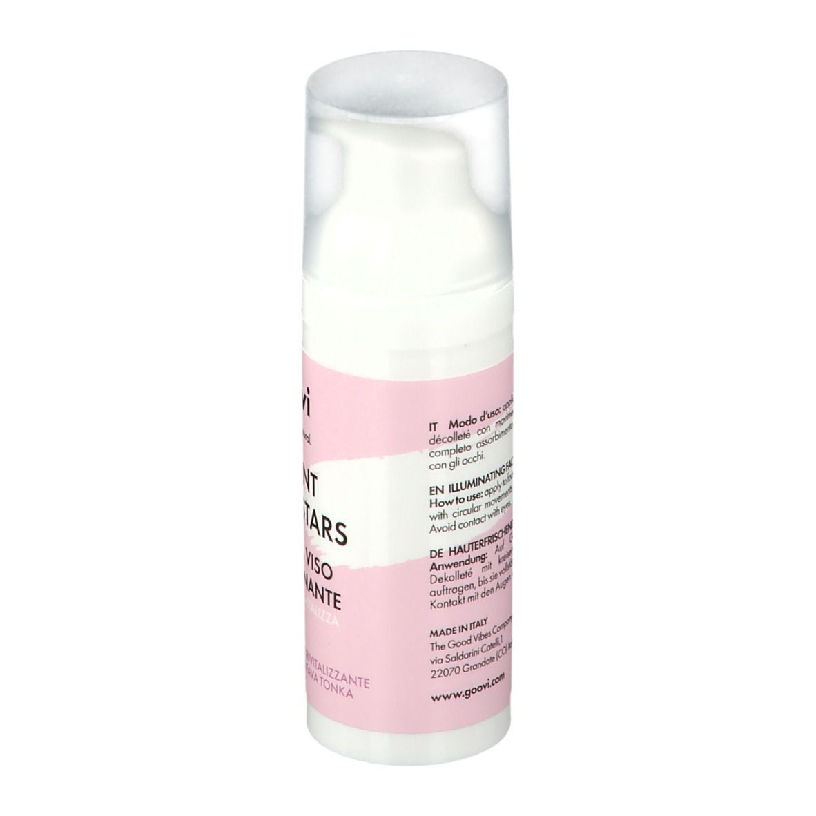 Flacon blanc avec étiquette rose. Nom du produit: I WANT THE STARS, Crème Viso Illuminante. Dos avec texte en plusieurs langues.