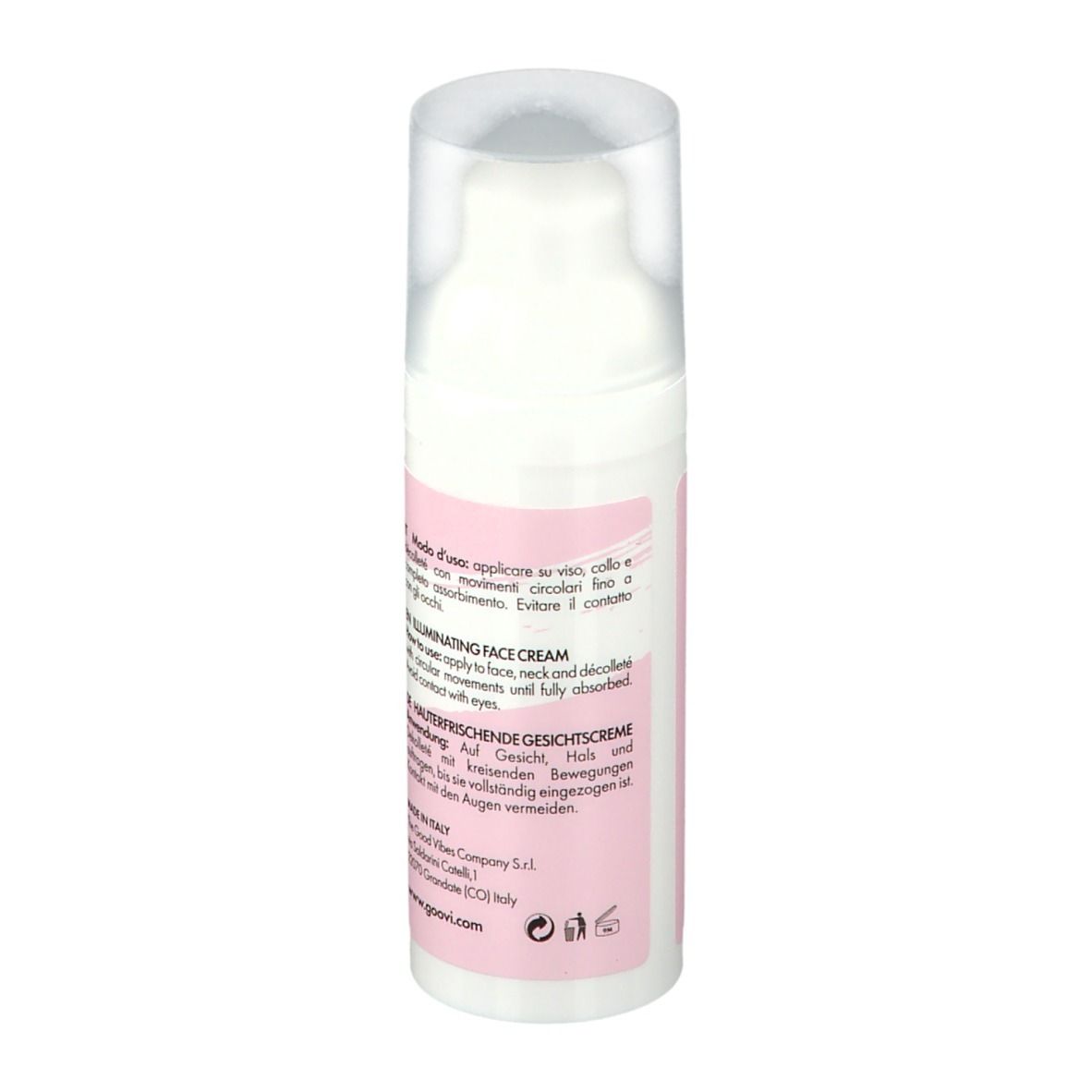 Flacon blanc avec étiquette rose. Nom du produit: I WANT THE STARS, Crème Viso Illuminante. Dos avec texte en plusieurs langues.