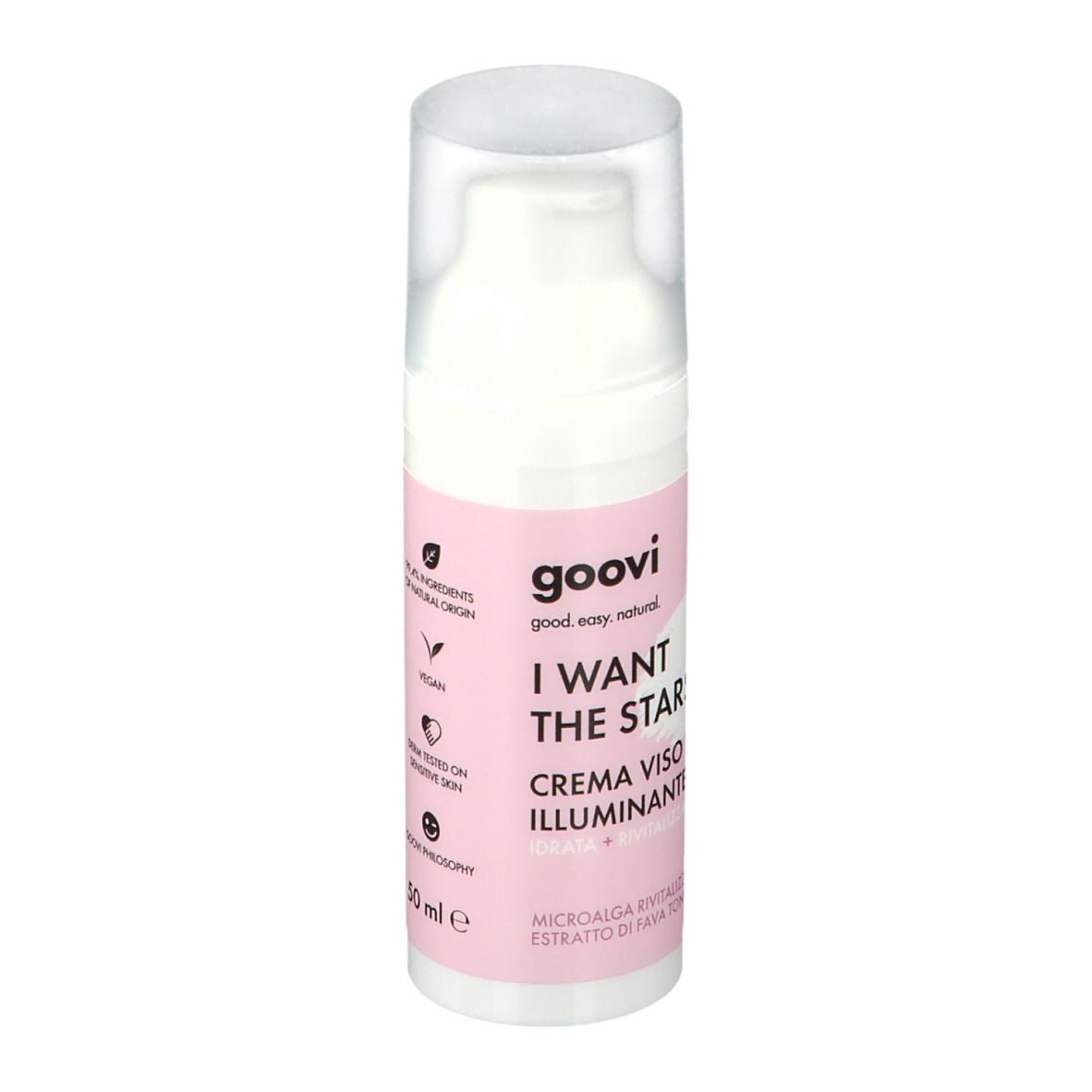 Flacon blanc avec étiquette rose. Nom du produit: I WANT THE STARS, Crème Viso Illuminante. Avec couvercle transparent. 50 ml.
