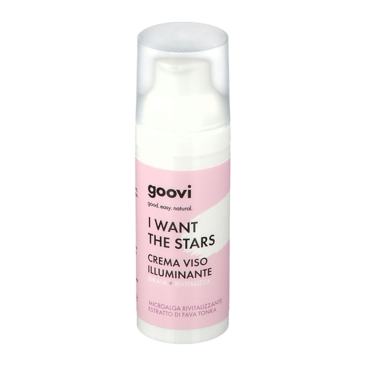 Flacon blanc avec étiquette rose. Nom du produit: I WANT THE STARS, Crème Viso Illuminante. Avec couvercle transparent. 50 ml.