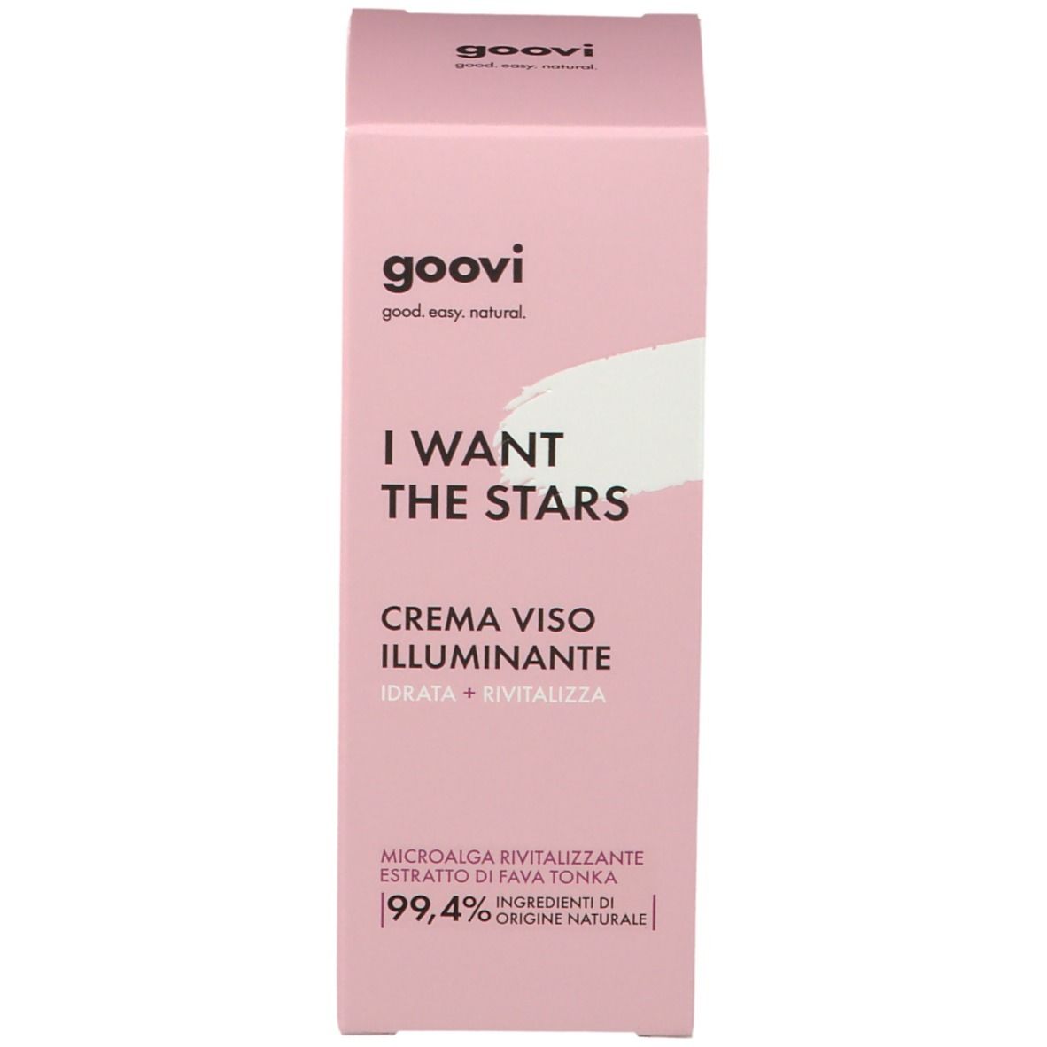 Emballage rose avec nom et logo du produit. Texte: I WANT THE STARS, Crème Viso Illuminante. 99,4% ingrédients d'origine naturelle.
