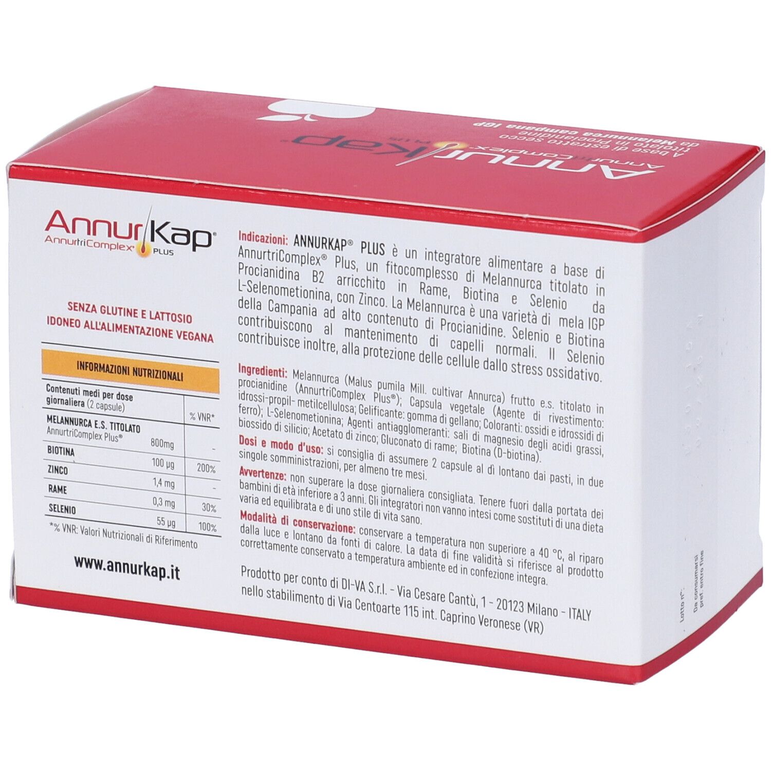 Scatola rossa e bianca con informazioni sul prodotto. Contiene 90 capsule. Testo su ingredienti e valori nutrizionali.