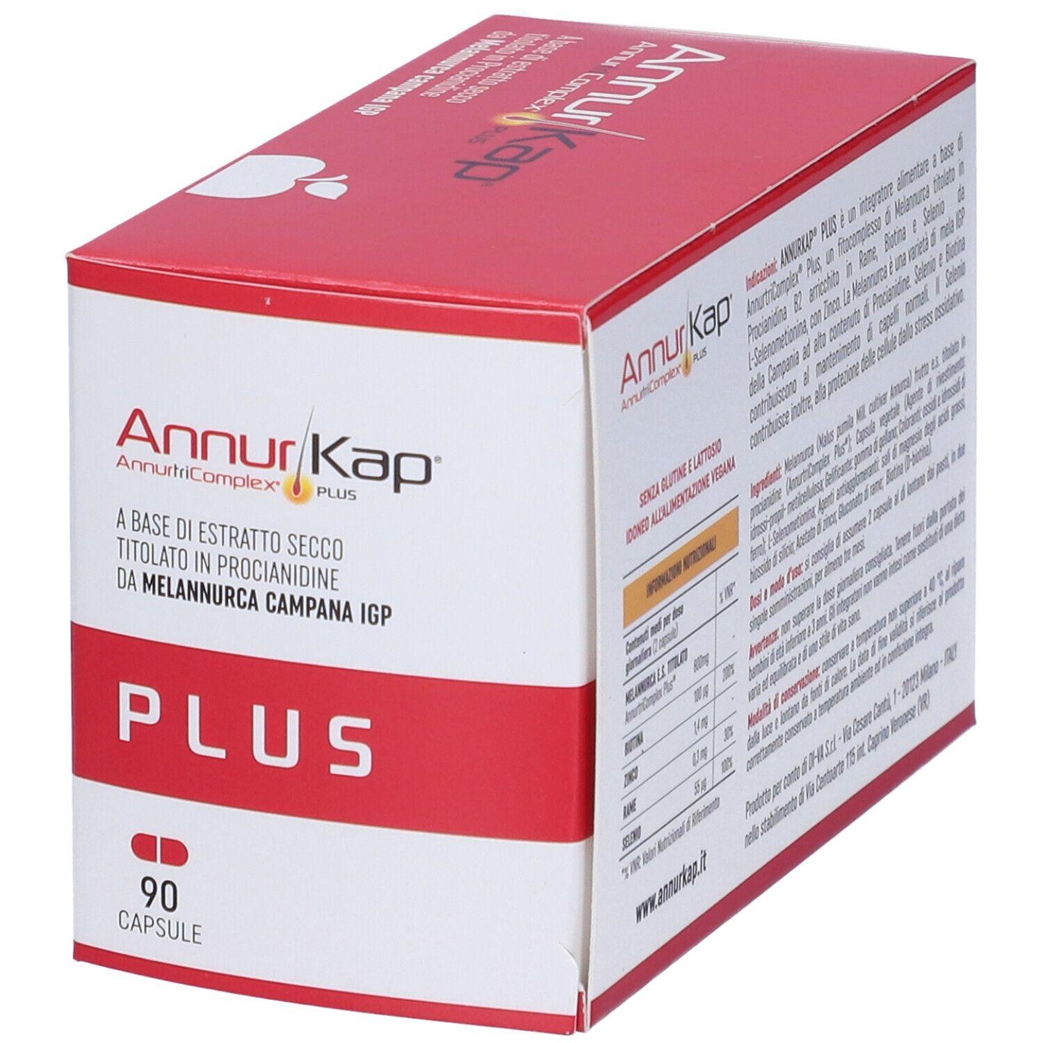 Scatola rossa e bianca con nome del prodotto e "PLUS". Contiene 90 capsule. Vista dettagliata con testo.