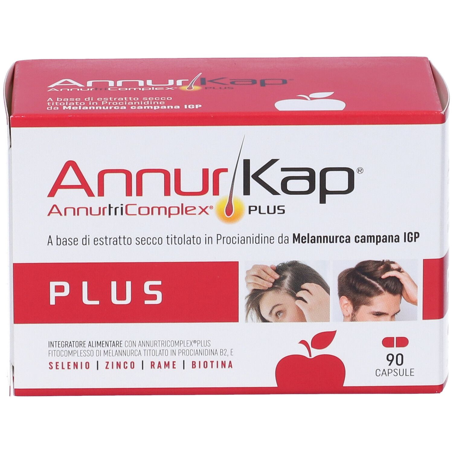 Scatola rossa e bianca con nome del prodotto e "PLUS". Contiene 90 capsule. Immagine di capelli.
