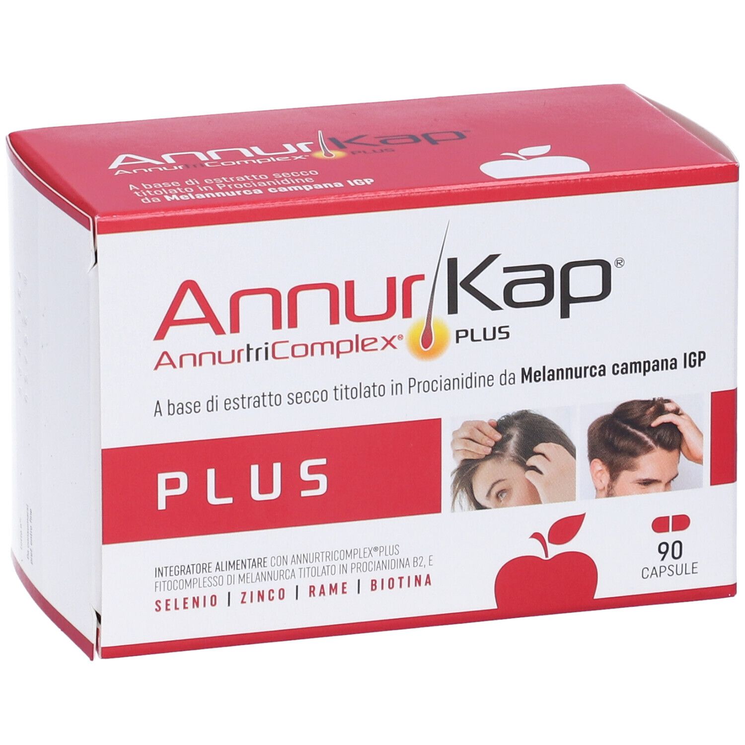Scatola rossa e bianca con nome del prodotto e "PLUS". Contiene 90 capsule. Immagine di capelli.