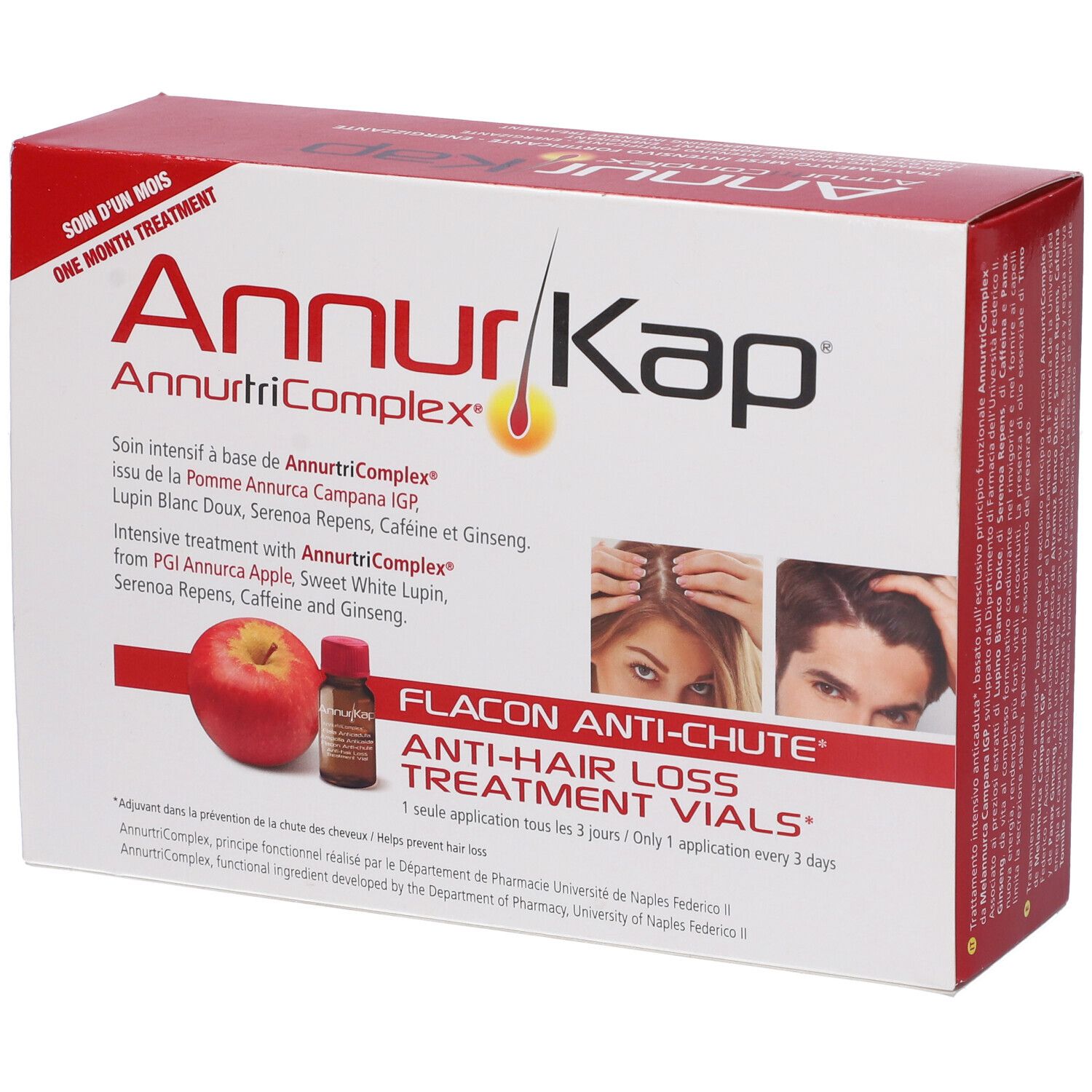 Verpackung für AnnurKap Anti-Haarausfall-Behandlungsvials mit Apfel und einem kleinen Fläschchen.