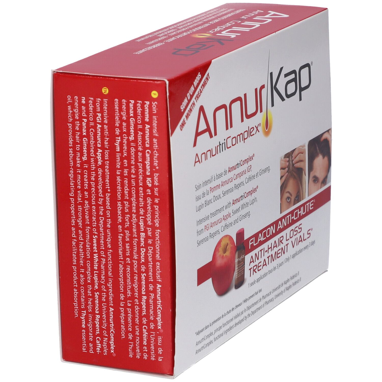 AnnurKap Anti-Haarausfall-Behandlungsvi-len-Box mit Produktinformationen und Abbildungen.