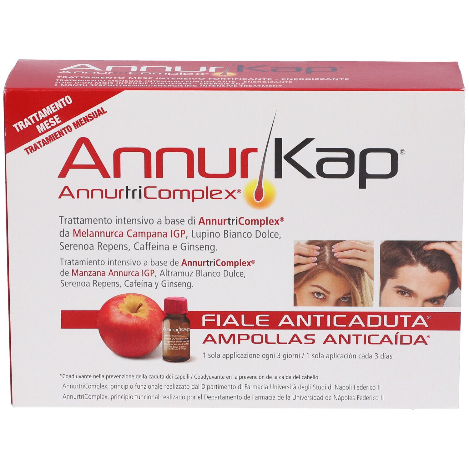 AnnurKap AnnurtriComplex Haarausfall-Ampullen-Packung mit Apfel und Fläschchen.