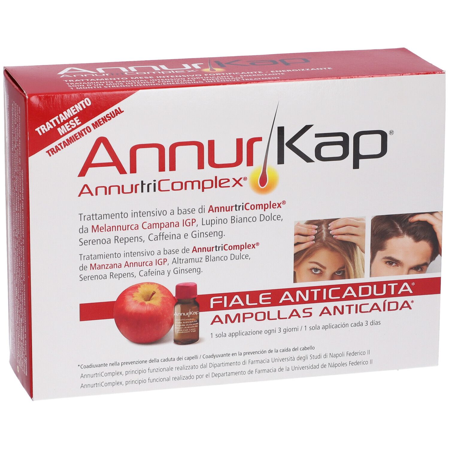 Verpackung mit AnnurKap-Ampullen gegen Haarausfall, mit Apfel und Anwendungsbildern.