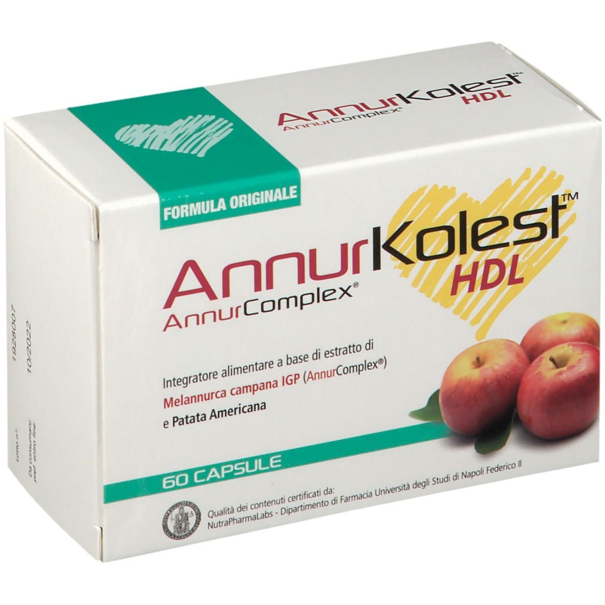 Scatola bianca AnnurKolest HDL, mele e 60 capsule. Design verde-giallo.