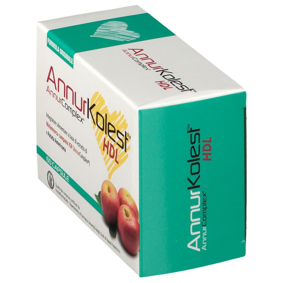 Scatola AnnurKolest HDL, angolata. Design verde-giallo. Scritta AnnurComplex e 60 capsule.
