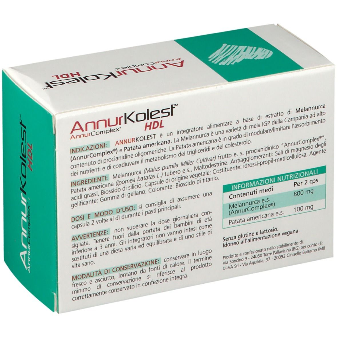 Retro della scatola AnnurKolest HDL. Testo sugli ingredienti e informazioni nutrizionali. Design verde-giallo.