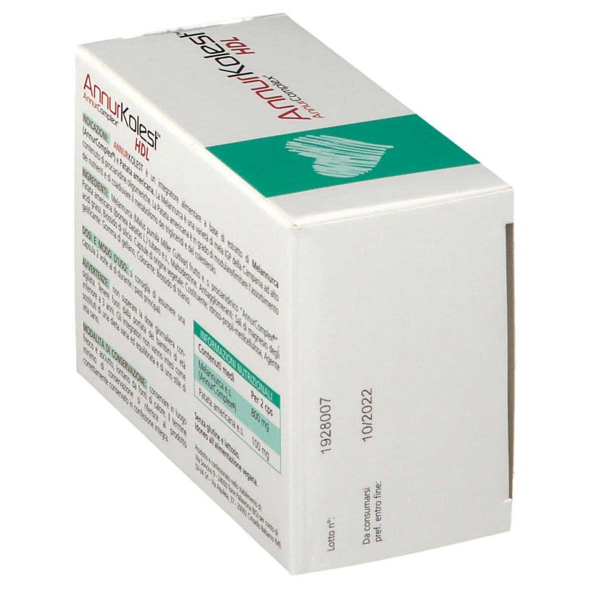 Scatola AnnurKolest HDL, angolata. Testo sugli ingredienti e la scadenza. Design verde-giallo.