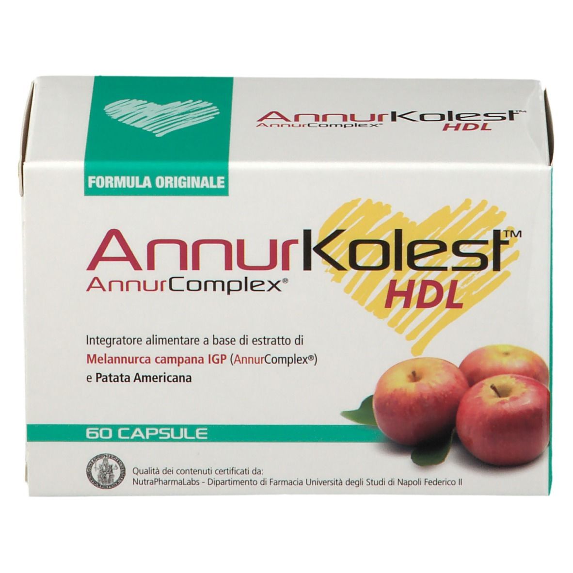 Scatola bianca AnnurKolest HDL con mele e 60 capsule. Design verde-giallo.
