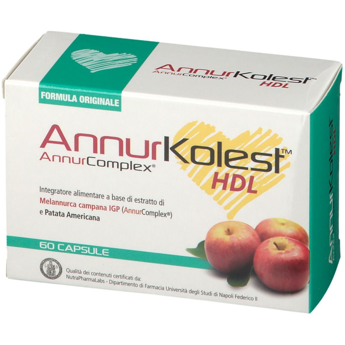Scatola bianca AnnurKolest HDL con mele e 60 capsule. Design verde-giallo.