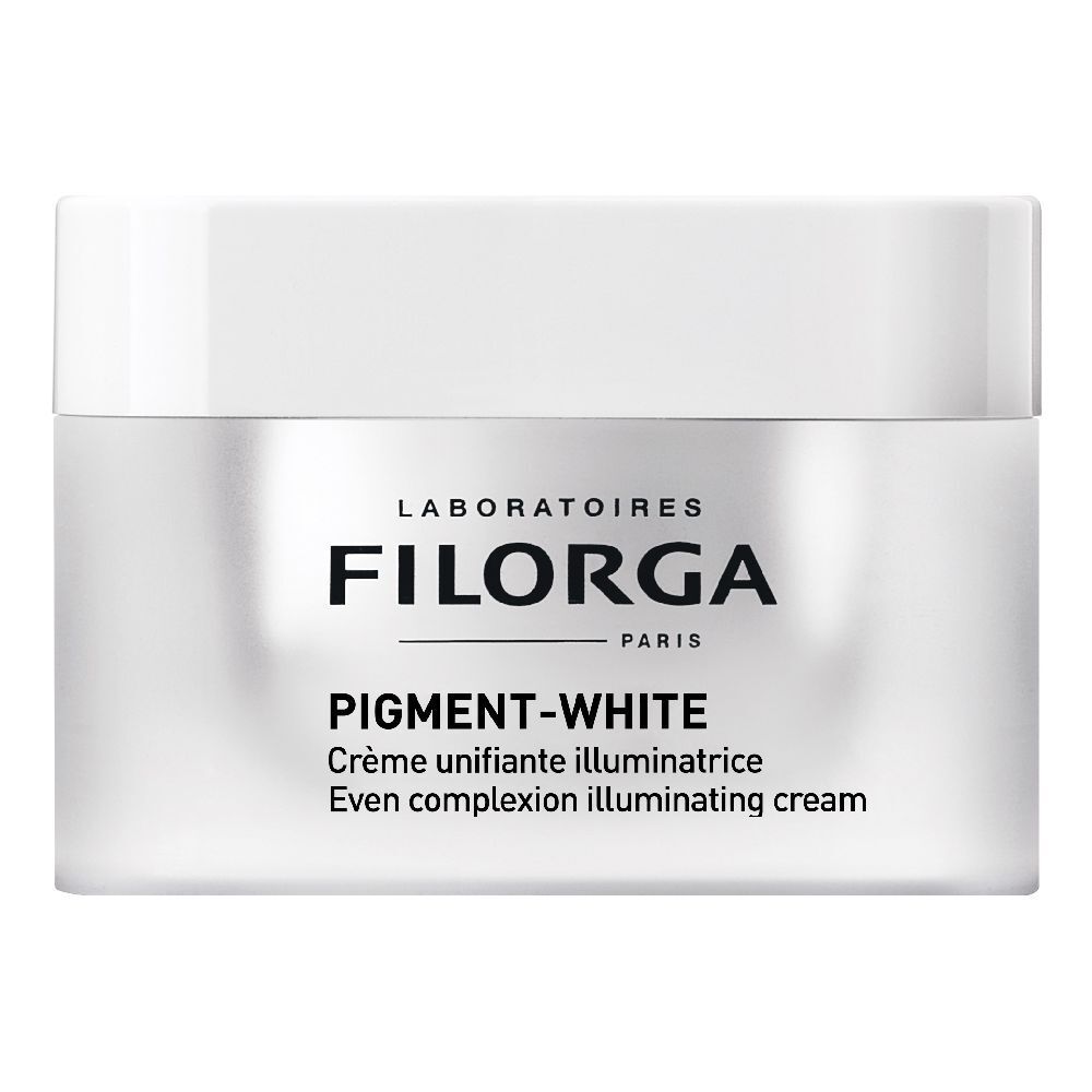 Pot blanc avec couvercle. Inscription FILORGA PIGMENT-WHITE. Marque cosmétique française.