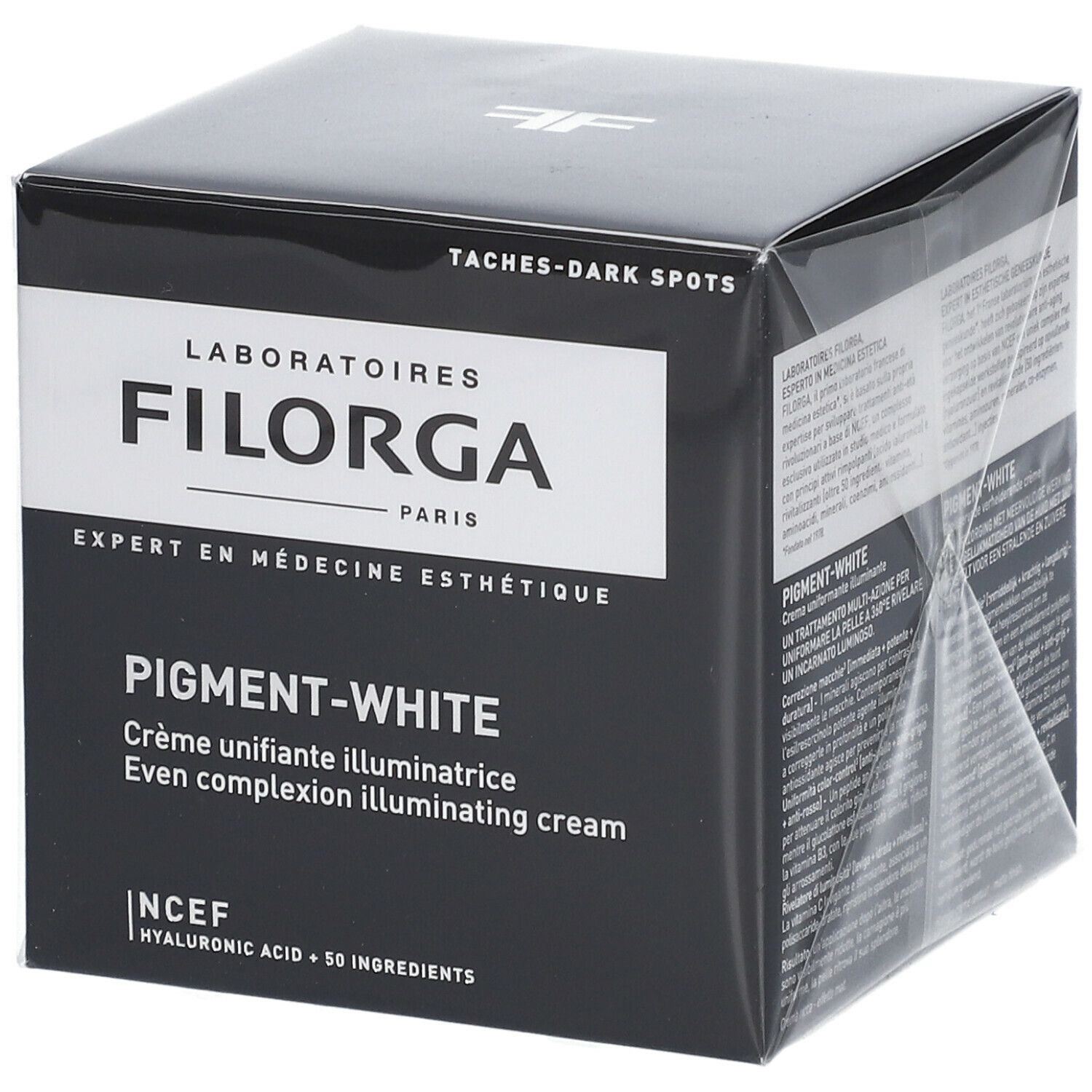 Boîte noire avec FILORGA PIGMENT-WHITE. Texte: Even complexion illuminating cream. NCEF.