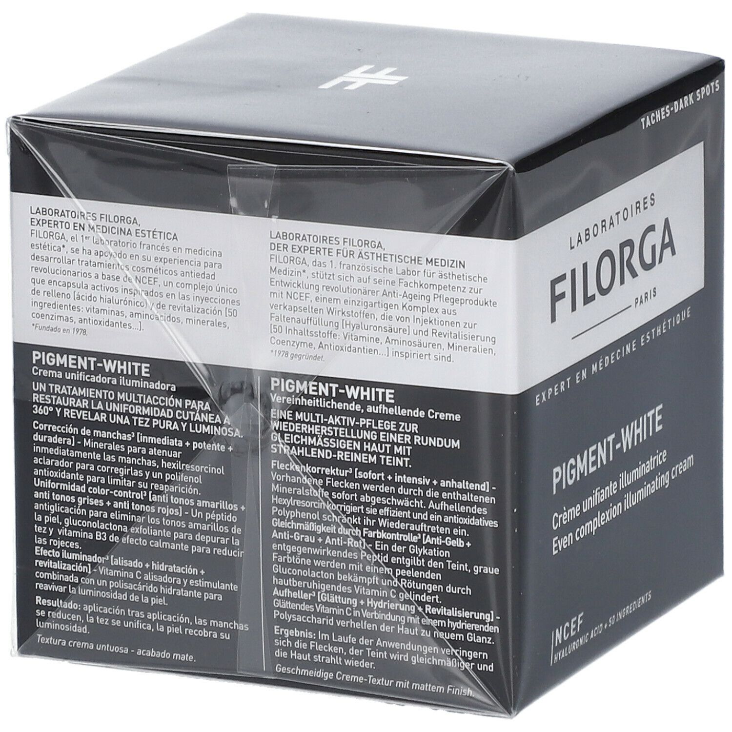 Boîte noire avec FILORGA PIGMENT-WHITE. Texte en allemand et français. NCEF.