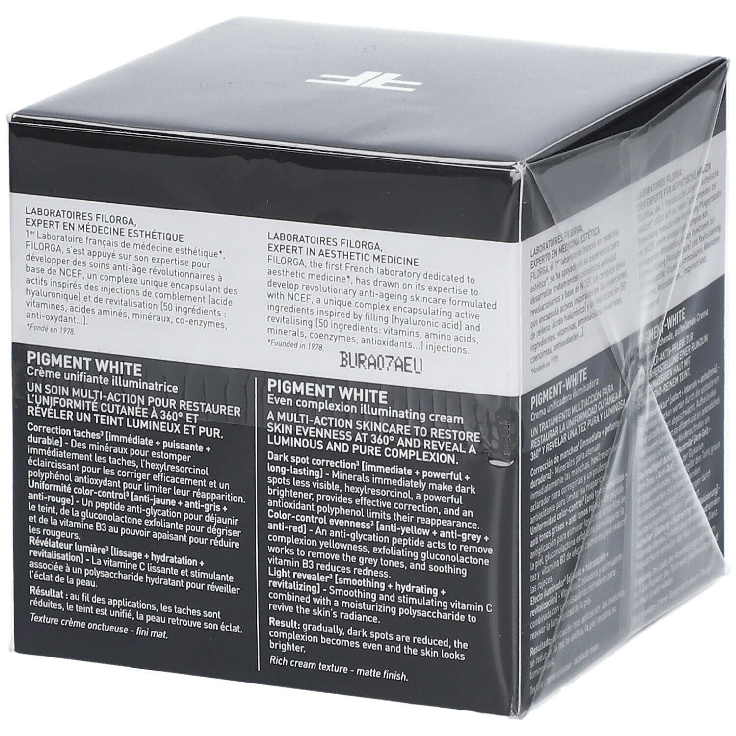 Boîte noire avec FILORGA PIGMENT-WHITE. Texte en anglais et français. NCEF.