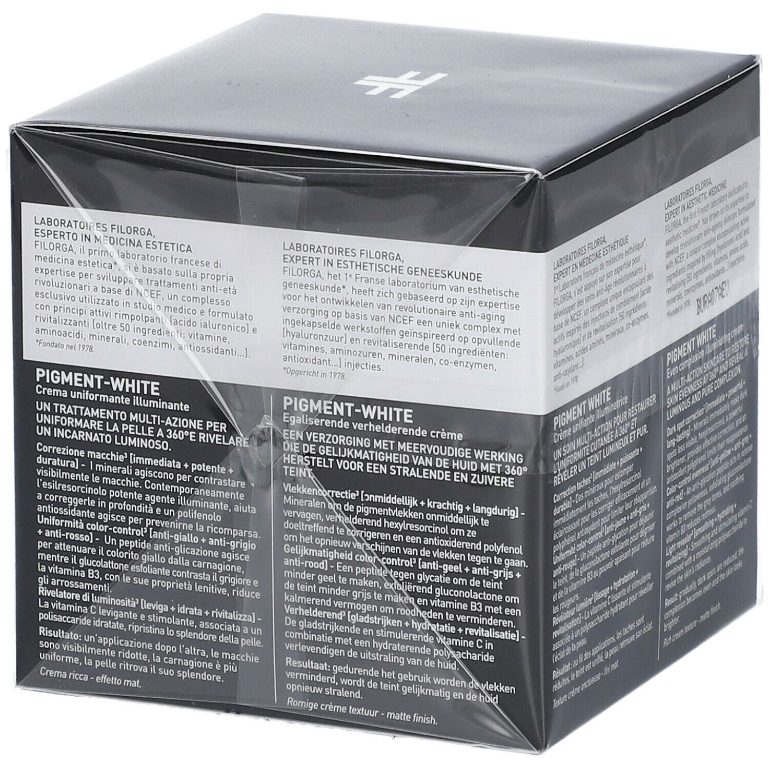Boîte noire avec FILORGA PIGMENT-WHITE. Texte en allemand et néerlandais. NCEF.