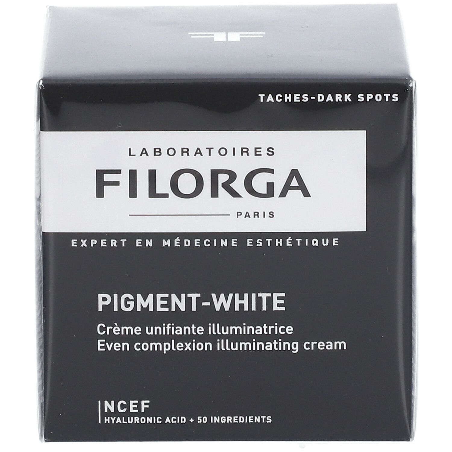 Boîte noire avec FILORGA PIGMENT-WHITE. Texte: Even complexion illuminating cream. NCEF.