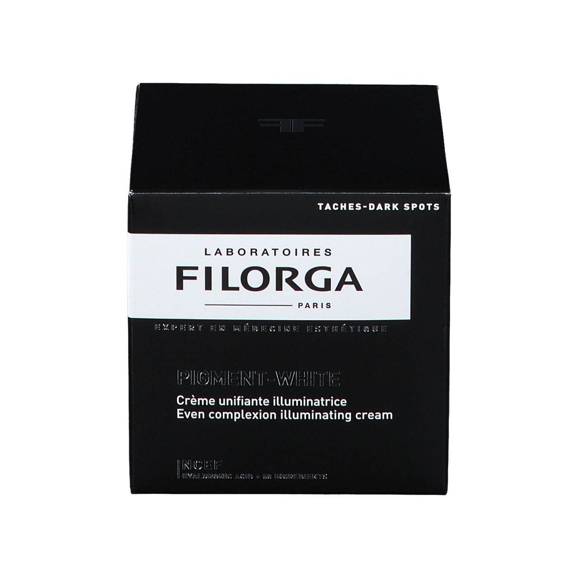 Boîte noire avec FILORGA PIGMENT-WHITE. Texte: Even complexion illuminating cream. NCEF.