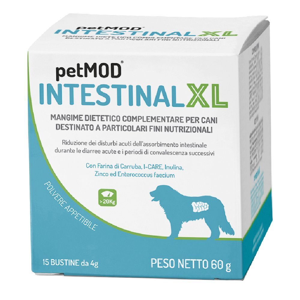 Scatola di Petmod Intestinal XL. Scritto: 15 Bustine da 4g, 60g. Immagine di un cane. Confezione blu e bianca.