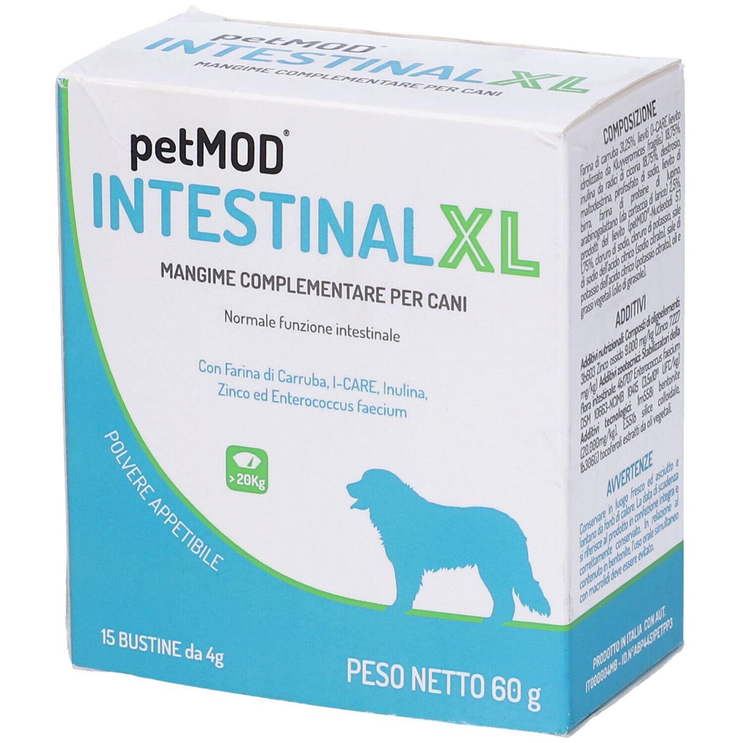 Confezione Petmod Intestinal XL. Scritto: 15 Bustine da 4g, 60g. Contiene ingredienti. Confezione blu e bianca.