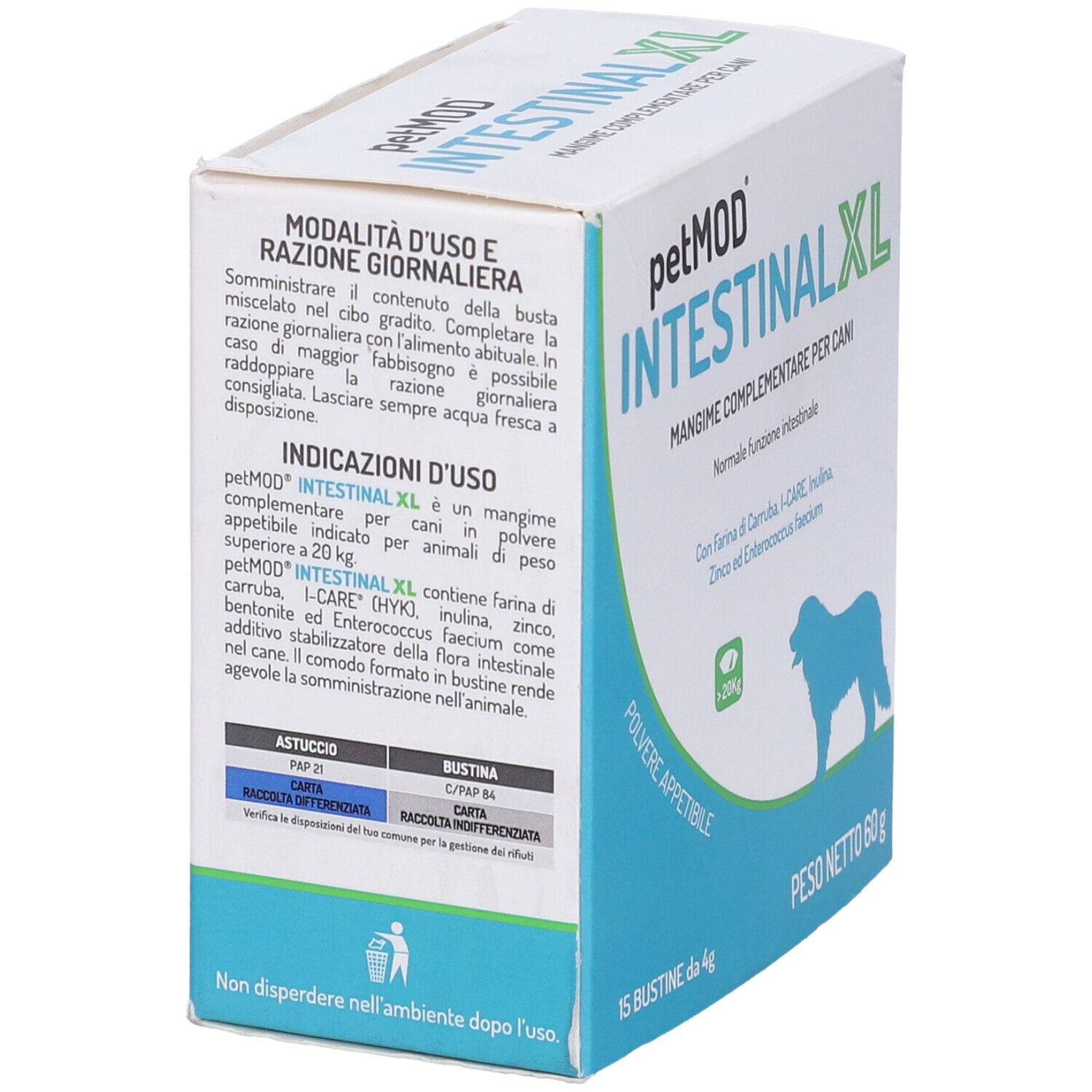 Confezione Petmod Intestinal XL. Scritto: 15 Bustine da 4g, 60g. Contiene ingredienti. Confezione blu e bianca.