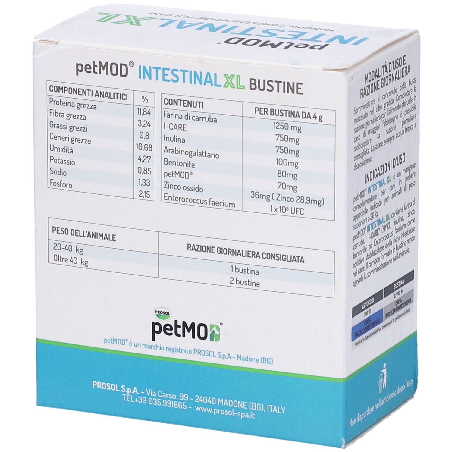 Confezione Petmod Intestinal XL. Scritto: 15 Bustine da 4g, 60g. Contiene ingredienti. Confezione blu e bianca.