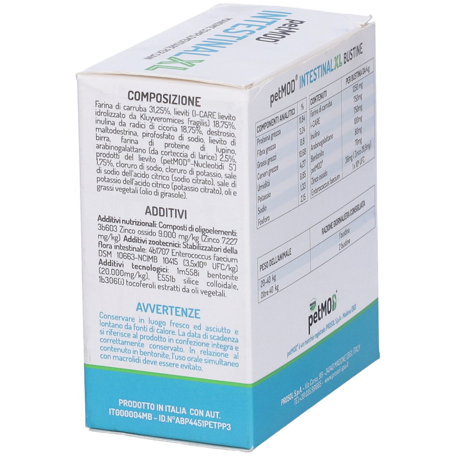 Confezione Petmod Intestinal XL. Scritto: 15 Bustine da 4g, 60g. Contiene ingredienti. Confezione blu e bianca.