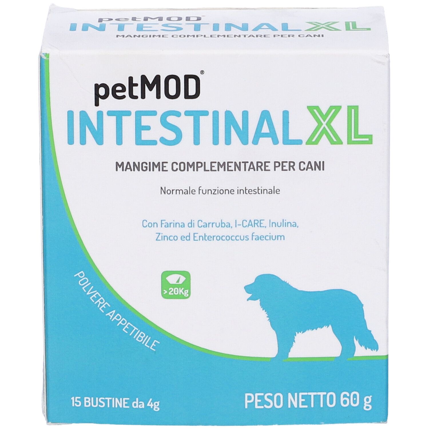 Confezione Petmod Intestinal XL. Scritto: 15 Bustine da 4g, 60g. Contiene ingredienti. Confezione blu e bianca.
