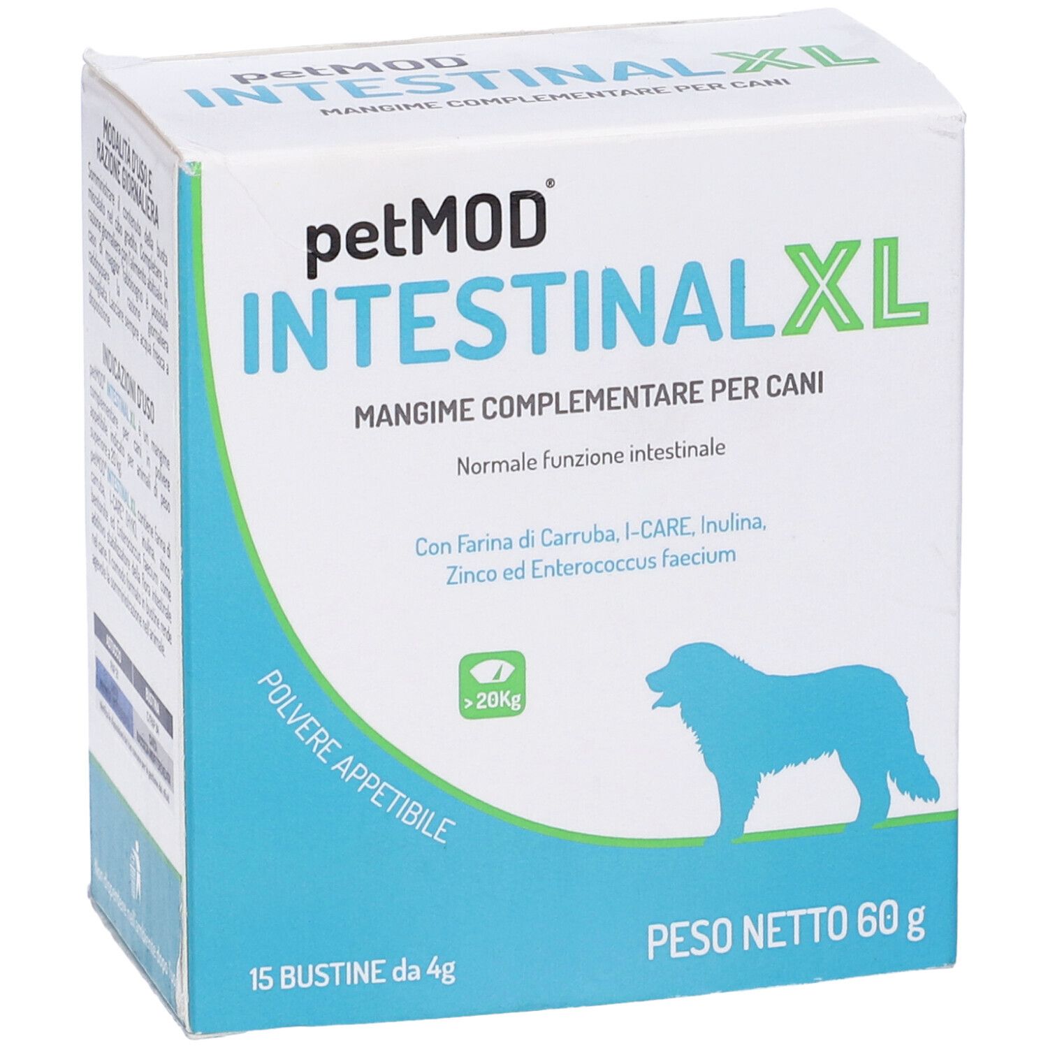 Confezione Petmod Intestinal XL. Scritto: 15 Bustine da 4g, 60g. Contiene ingredienti. Confezione blu e bianca.