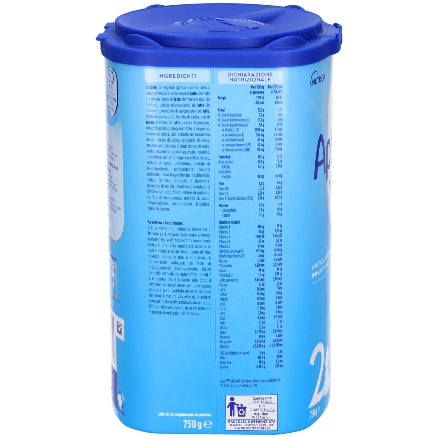 Retro del barattolo blu. Contiene l'elenco degli ingredienti e la tabella nutrizionale. Scritta Aptamil 2. 750g. Con simbolo di riciclaggio.