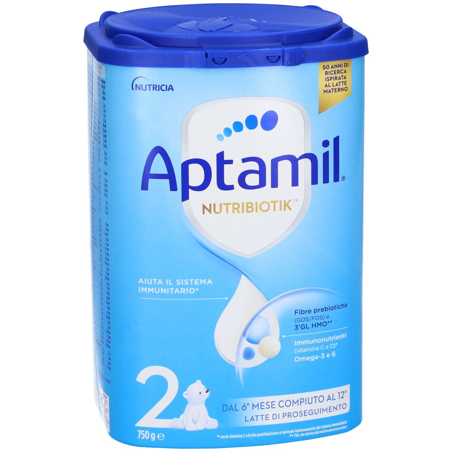 Barattolo blu con coperchio. Scritta Aptamil Nutribiotik 2. Contiene fibre prebiotiche, immunonutrienti e Omega-3 & 6. 750g.