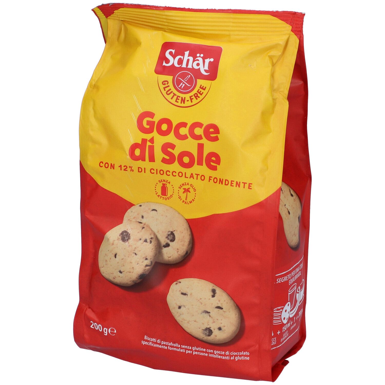 Confezione rossa e gialla con logo Schär e scritta Gocce di Sole. Biscotti senza glutine con gocce di cioccolato.