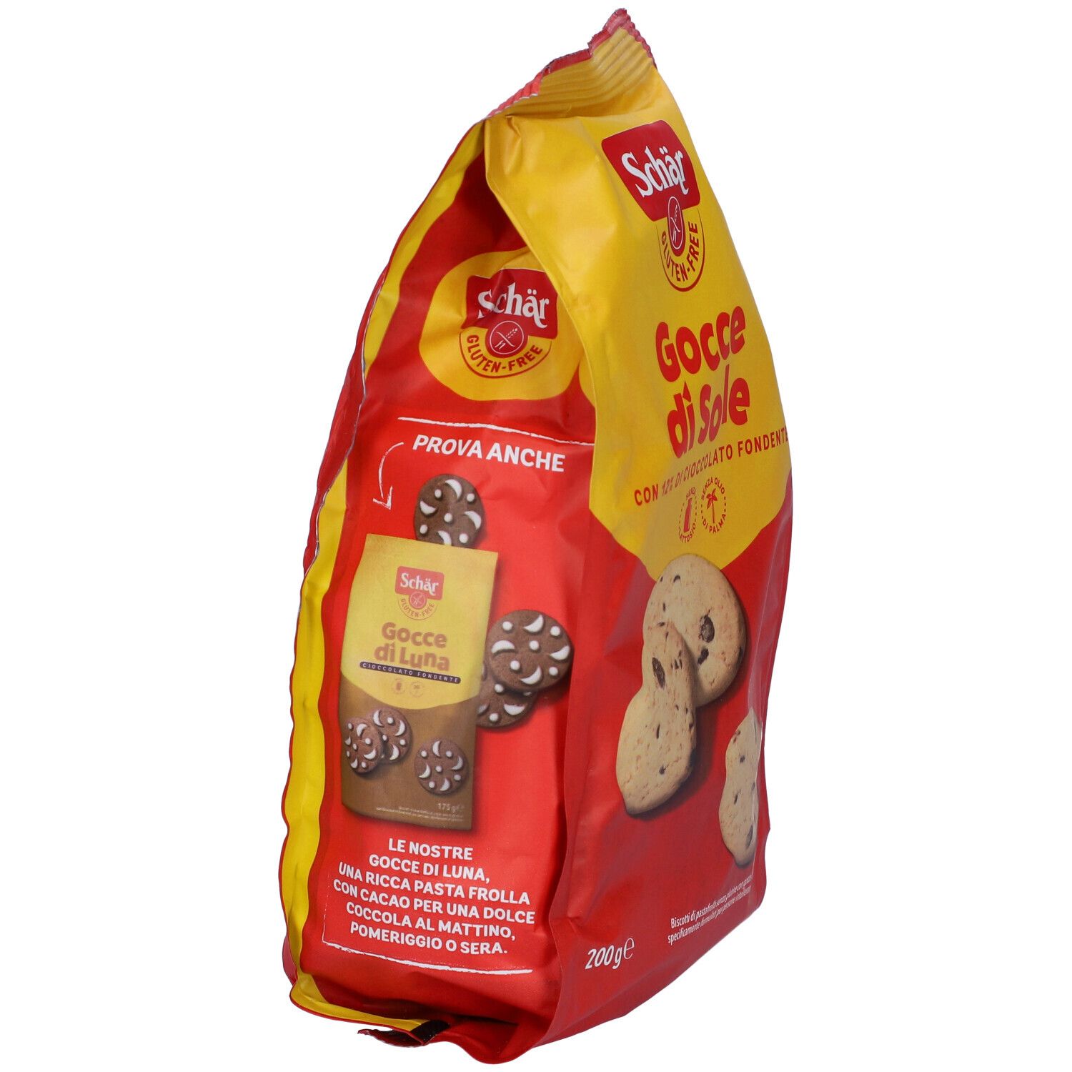 Vista laterale della confezione rossa e gialla con logo Schär e scritta Gocce di Sole. Biscotti senza glutine.