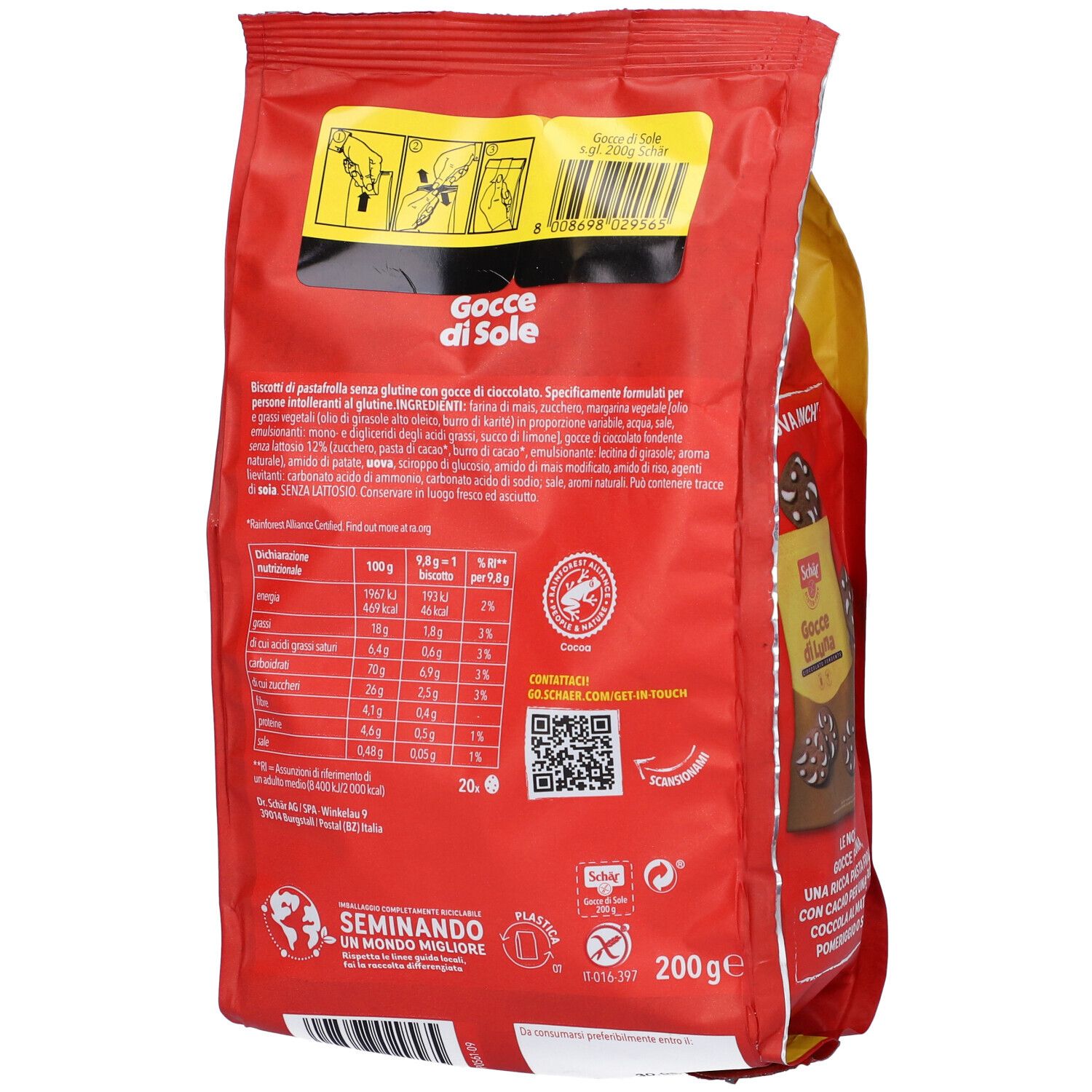 Retro della confezione rossa con logo Schär e scritta Gocce di Sole. Informazioni nutrizionali e prodotto.