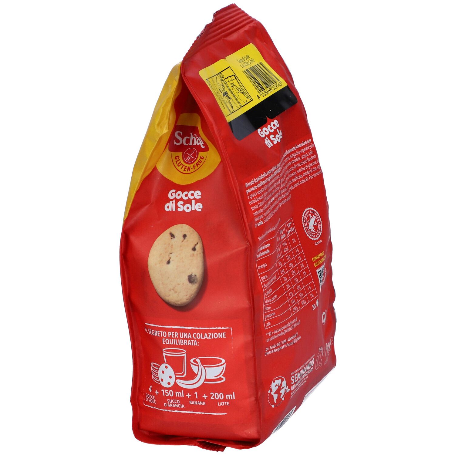 Vista laterale della confezione rossa con logo Schär e scritta Gocce di Sole. Biscotti senza glutine e informazioni nutrizionali.