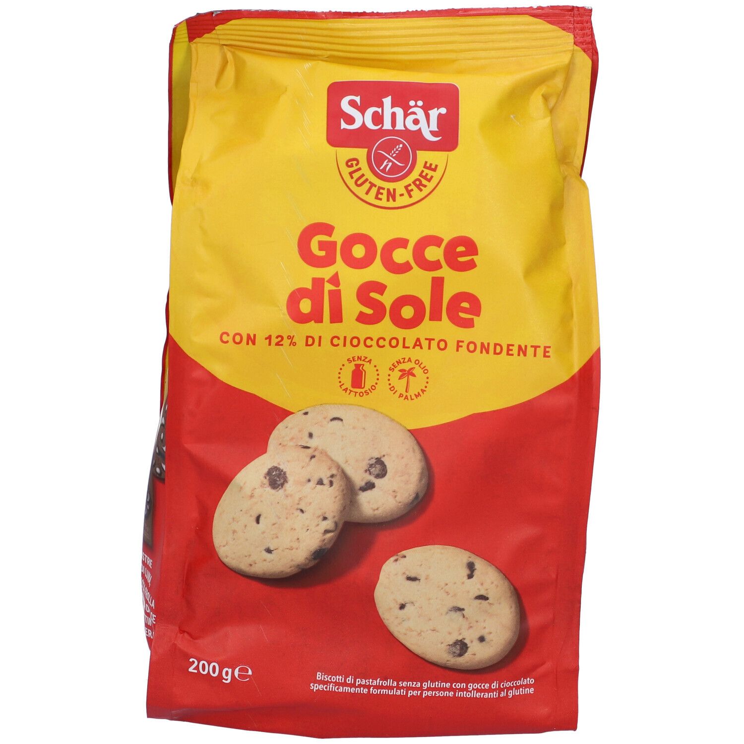 Confezione gialla con logo Schär e scritta Gocce di Sole. Biscotti senza glutine con gocce di cioccolato.