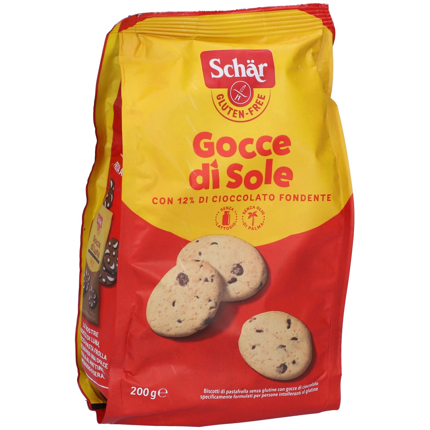 Confezione gialla con logo Schär e scritta Gocce di Sole. Biscotti senza glutine con gocce di cioccolato.